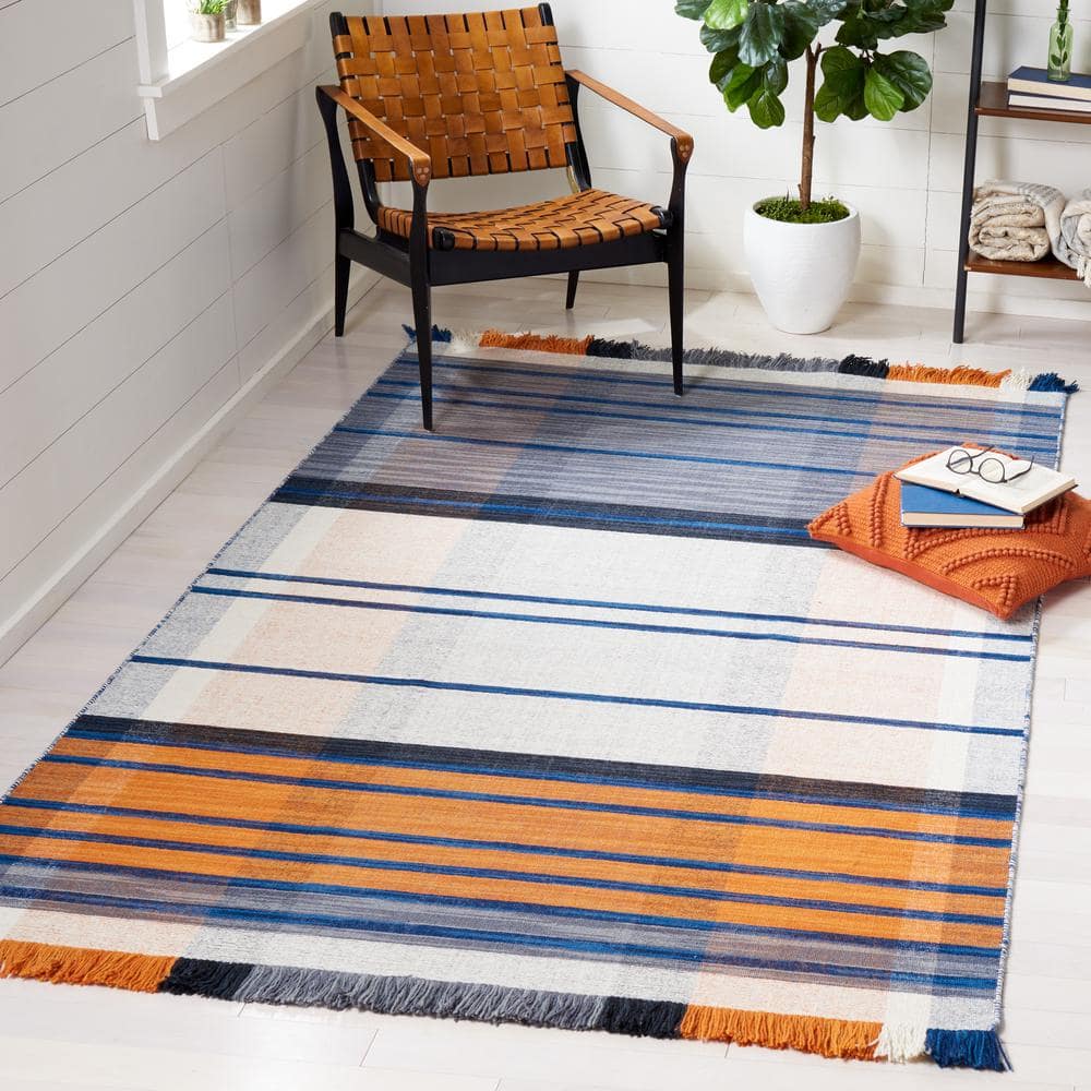 Blue and Orange Striped Wool Square Area Rug