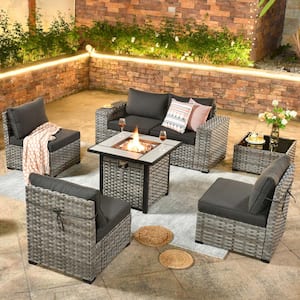 Metis 7-Piece Wicker Outdoor Patio Fire Pit Conversation Sectional Sofa Set and with Black Cushions