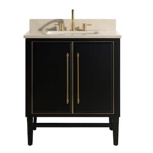 Mason 31 in. W x 22 in. D Bath Vanity in Black with Gold Trim with Marble Vanity Top in Crema Marfil with White Basin