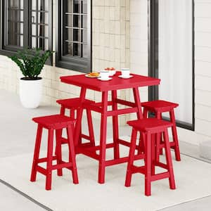 Laguna 5-Piece Fade Resistant HDPE Plastic Outdoor Patio Square Counter Height Bistro Set, Matching Barstools Red