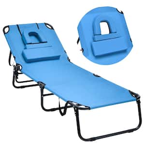 Beach Outdoor Lounge Chair Adjustable Face Down Tanning Chair w/Face Hole & Removable Pillow Blue