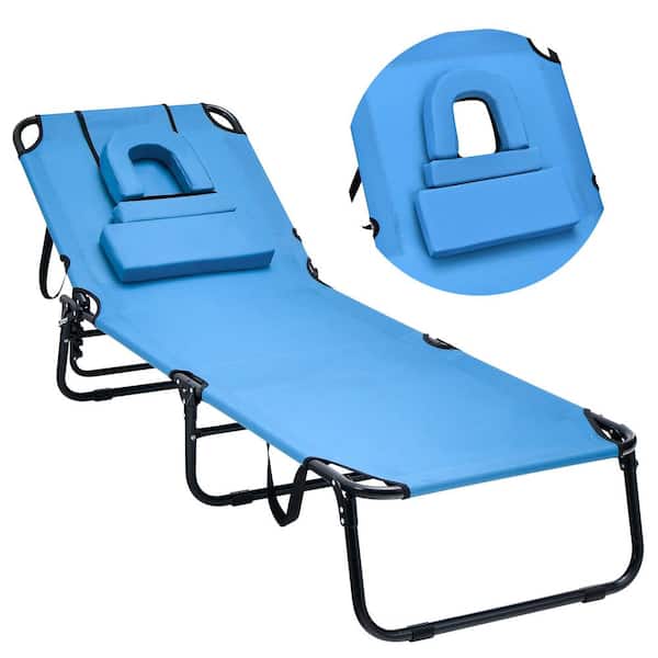 HONEY JOY Beach Outdoor Lounge Chair Adjustable Face Down Tanning Chair w/Face Hole & Removable Pillow Blue