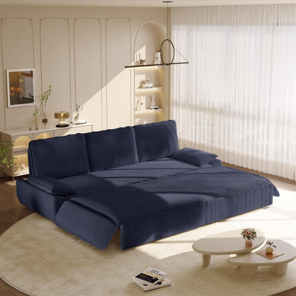 Blue 94.5 in. King Size Corduroy 3-in-1 Convertible Pull Out Sofa Bed