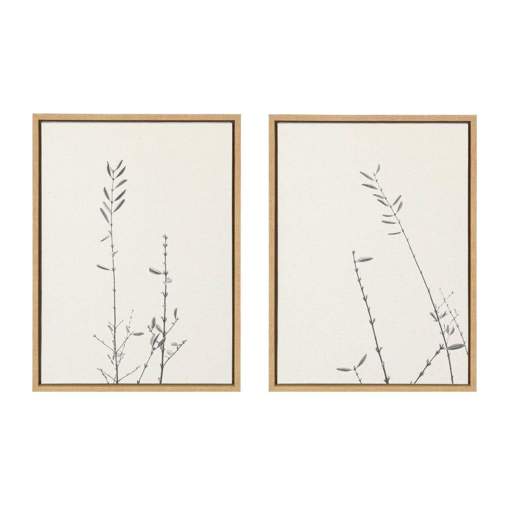 Retro Black and White Botanical Canvas Art Set with Natural Frame