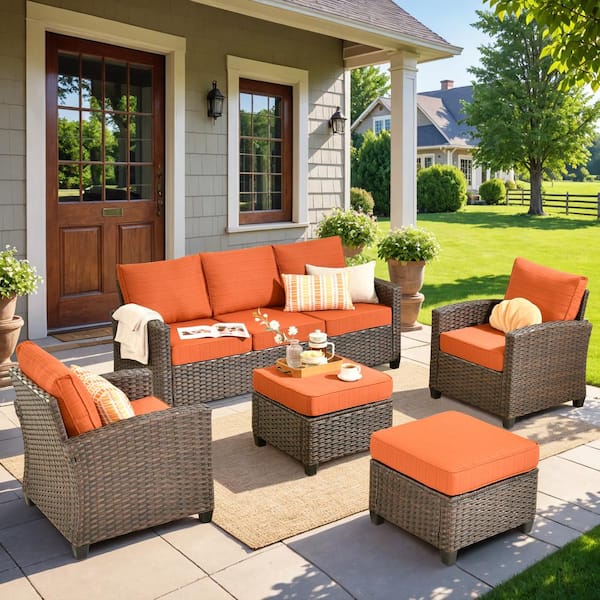 OVIOS Pirani Brown 5-Piece Wicker Outdoor Patio Conversation Seating Set with Orange Red Cushions