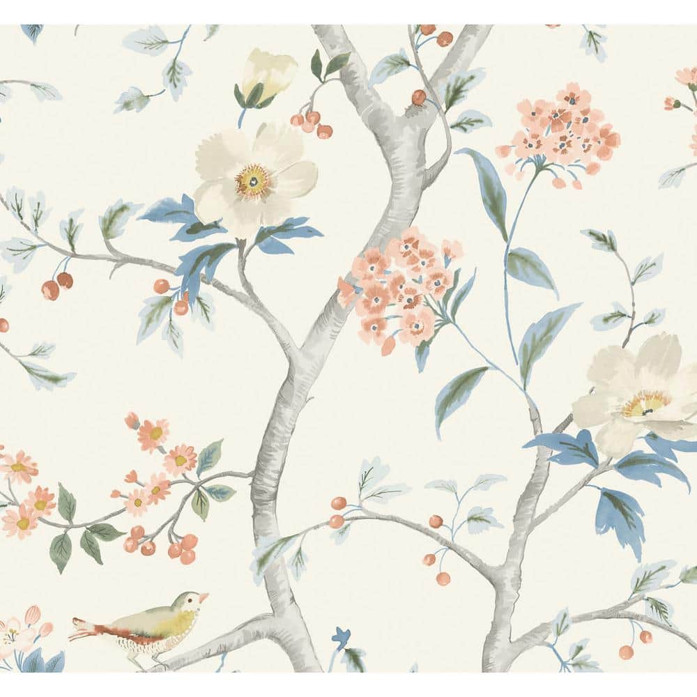 Southport Floral Eggshell Melon and Blue Vinyl Wallpaper