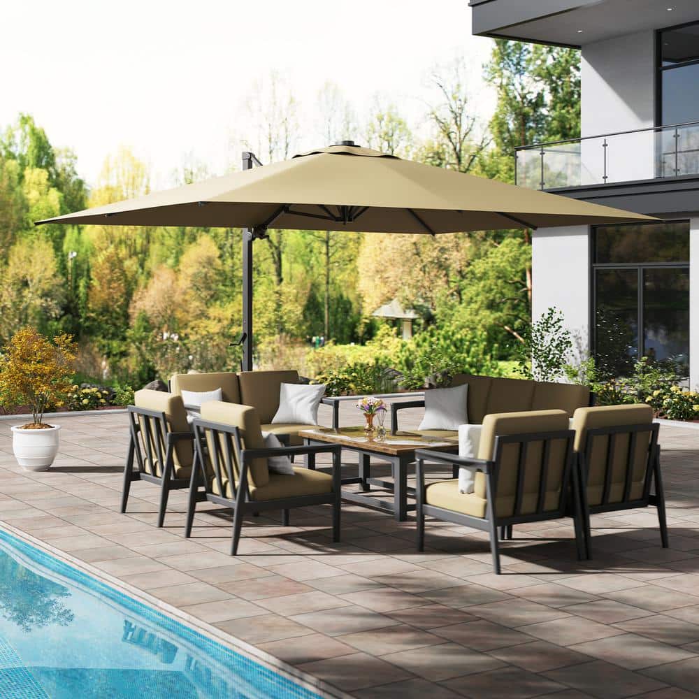 Taupe Rectangular Aluminum Cantilever Patio Umbrella with Stand