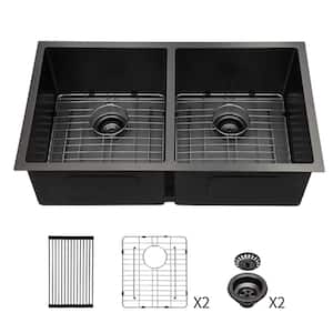 33 in. Undermount Double Bowl 16-Gauge Gunmetal Black Stainless Steel Kitchen Sink with Grids, Strainer, Drying Rack