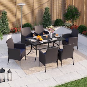 Black 7-Piece Metal Patio Outdoor Dining Set with Rectangle Table and Rattan Chairs with Blue Cushion