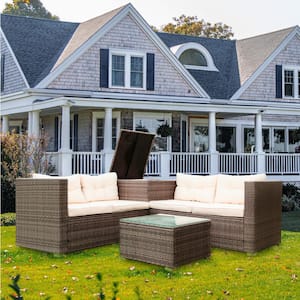 Patio 4-Piece Wicker Outdoor Sectional Sofa with Beige Cushions and Coffee Table Rattan Conversation Set w/Storage Box