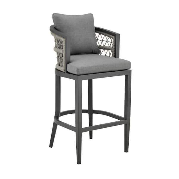 Benjara Hosa Swivel Aluminum and Woven Rope Outdoor Bar Stool with Gray Cushion