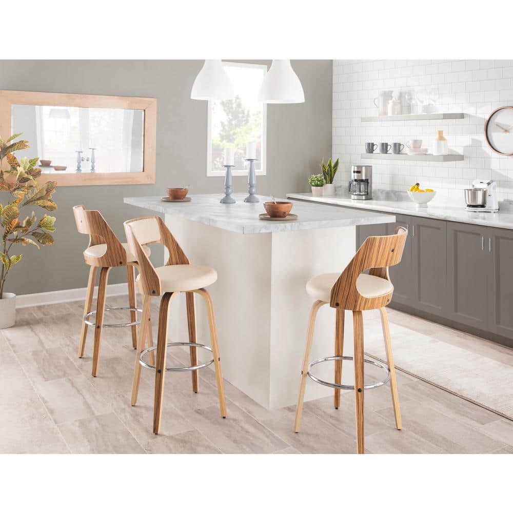 Cecina 30'' Zebra Wood and Cream Faux Leather Swivel Barstool Set