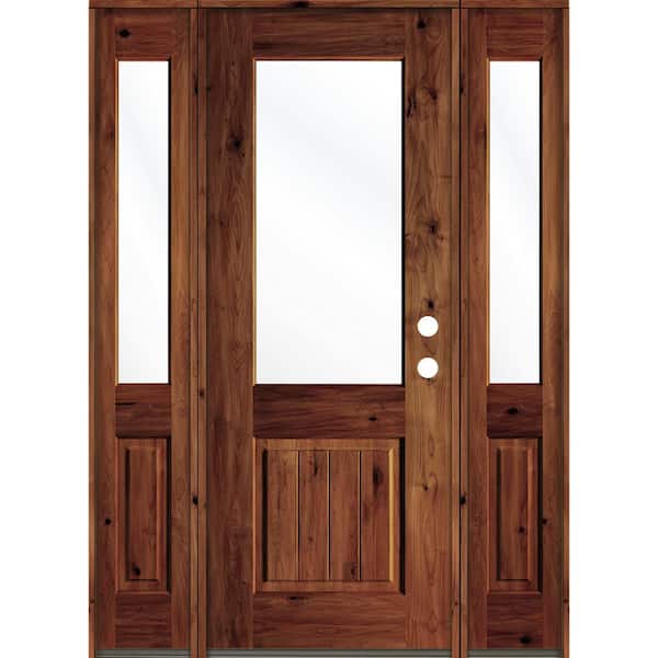 Krosswood Doors 60 in. x 96 in. Rustic Alder Wood Clear Half-Lite Red Chestnut Stain w.VG Left Hand Single Prehung Front Door/Sidelites