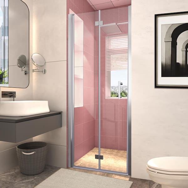 WELLFOR 36 in. x 72 in. Semi-Frameless Bathtub Bi-Fold Shower Glass Door in Clear Glass with Handle, Chrome