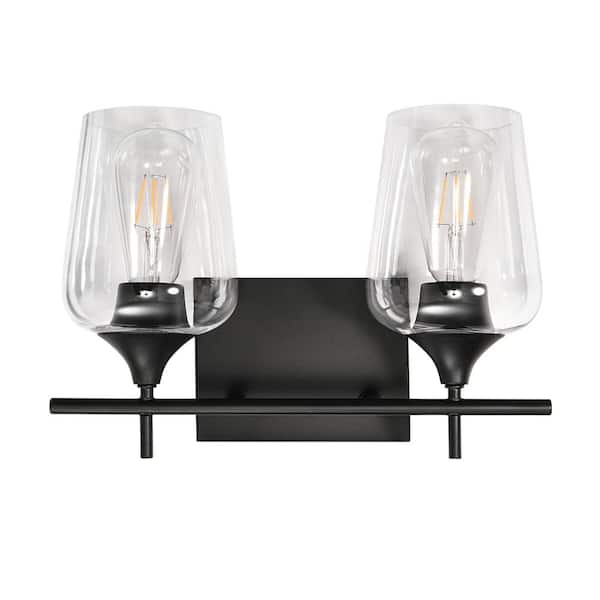 RRTYO Fritts 13.8 in. 2-Light Black Modern Vanity Light with Clear Glass Shade