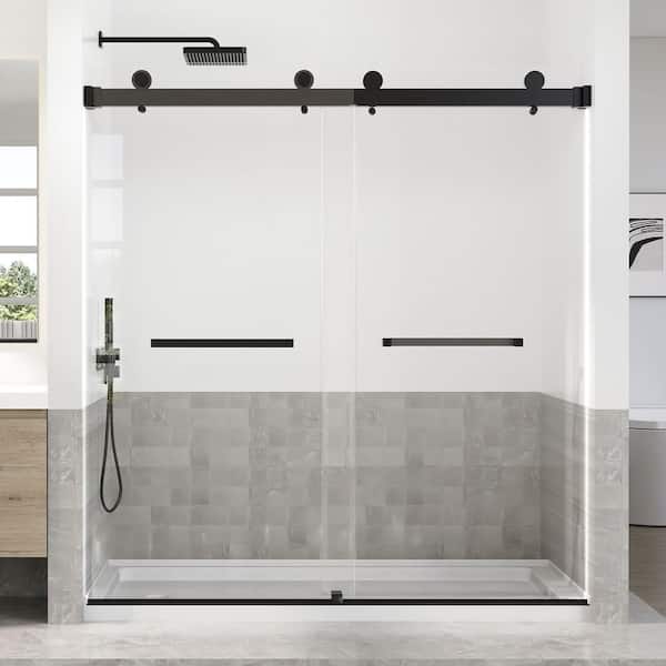 66-72 in. W x 76 in. H Double Sliding Frameless Shower Door in Black Finish with 5/16 in. (8 mm) Tempered Glass
