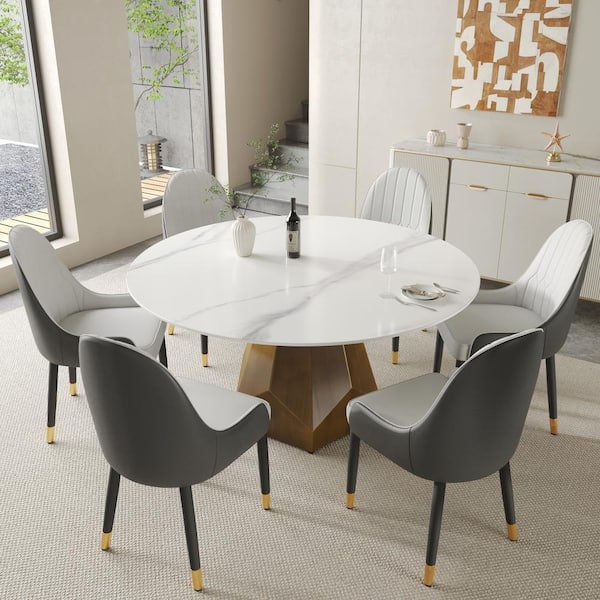 J&E Home White Stone Marble Top 59.05 in. Column Round Carbon Steel Base Dining Table Seats 8
