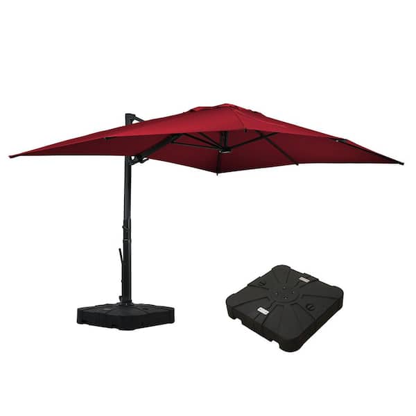 10 ft. x 13 ft. Aluminum Cantilever Outdoor Tilt Patio Umbrella in Red with LED Light, Base Weight Stand