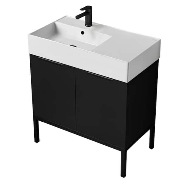 Derin 31.9 in. W x 17.3 in. D x 34.65 in. H Modern Bathroom Vanity in Matte Black With White Ceramic Top