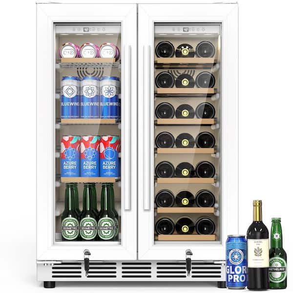 23.54 in. Dual Zone Built-In/Freestanding Beverage Cooler with Lock Glass Door and LED Light in White