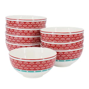 Village Vines Floral 8 Piece 6 Inch Fine Ceramic Bowl Set in White and Multi Red