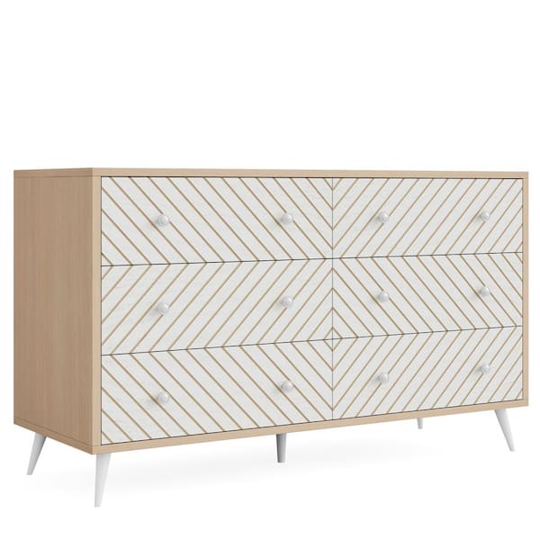 BYBLIGHT Ezlynn White Natural 6 Drawer 47.24 in. Wide Double Dresser Chest of Drawers with Metal Legs for Bedroom, Living Room