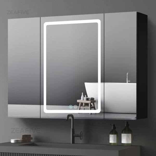 Zeafive 40 in. W x 30 in. H Surface Mount Rectangular Black Aluminum Defogging Led Medicine Cabinet with Mirror for Bathroom