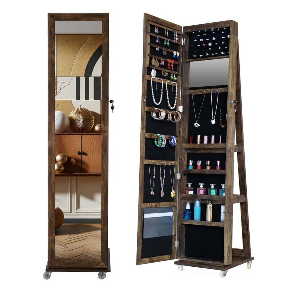 Brown 16 in. W x 65 in. H 360° Swivel Full Length Mirror with Jewelry Stor