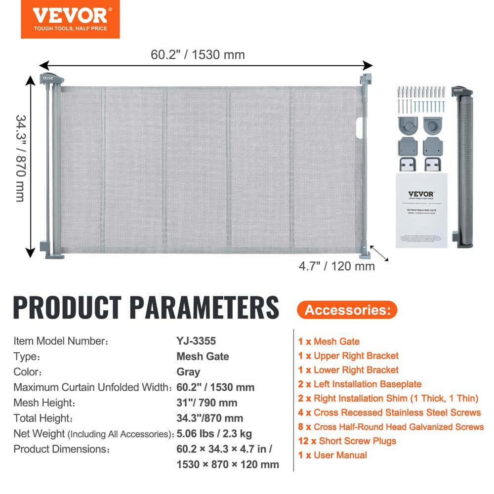 Gray Retractable Mesh Pet and Baby Gate for Stairs