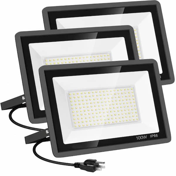 3-Pack 100W 11600 Lumens 5000K Daylight White IP66 Outdoor LED Flood Lights with Plug and Adjustable Bracket