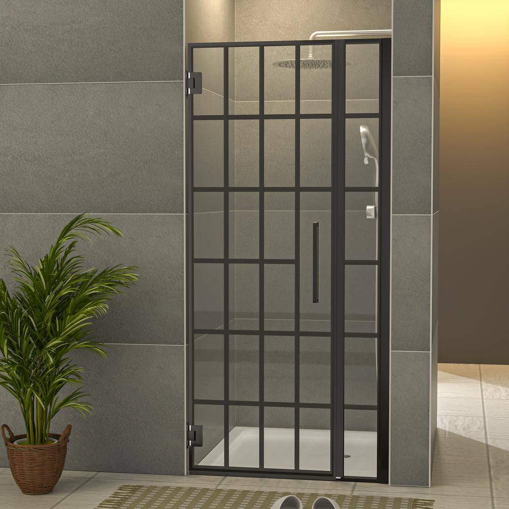34" Matte Black Semi-Frameless Pivot Shower Door with Patterned Glass