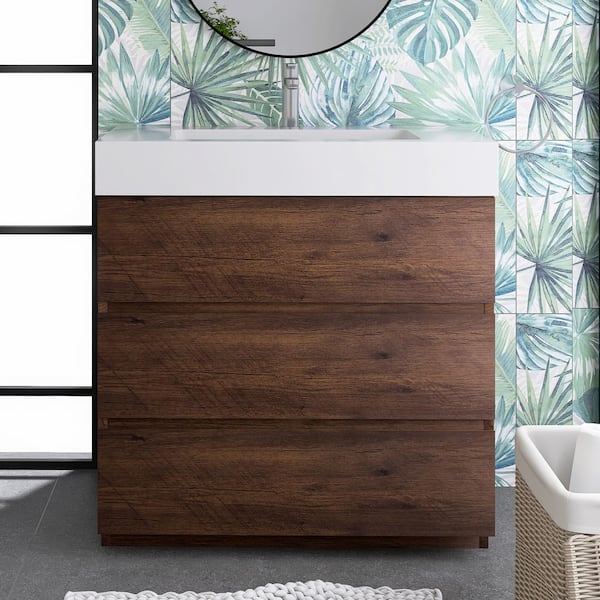JimsMaison 36 in. W x 18 in. D x 37 in. H Single Sink Freestanding Bath Vanity in Walnut with White Cultured Marble Top