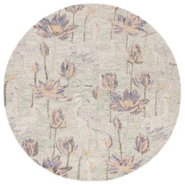 Blossom 6 ft. x 6 ft. Green/Ivory Oversized Floral Round Area Rug