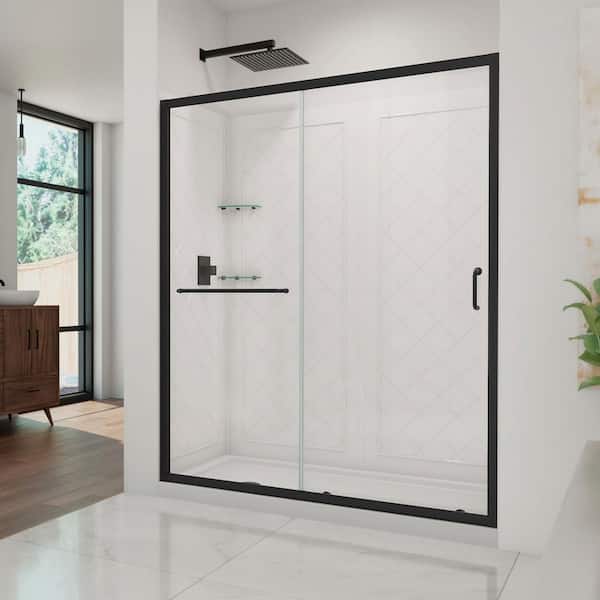 DreamLine Infinity-Z 60 in. W x 76.75 in. H Sliding Semi Frameless Shower Door in Satin Black with Clear Glass Left Drain Base