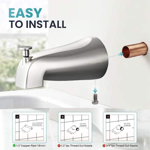 Brushed Nickel Bathtub Spout With Diverter – Slip-Fit Connection, 2.5" X 5" Zinc Alloy Tub Faucet