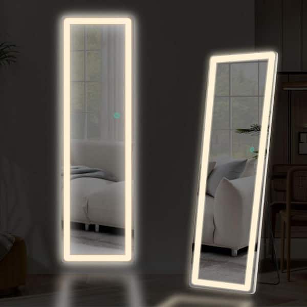 Silver 16 in. W x 60 in. H Rectangle Aluminum Alloy Frame Floor Mirror with 3-Color Dimming LED Light