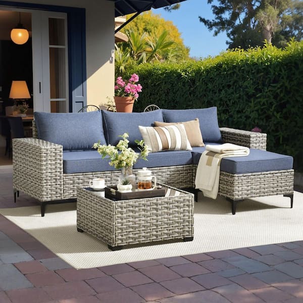Sunny 5-Piece Wicker Wide Arm Outdoor Furniture Patio Conversation Sofa Seating Set with a Table and Denim Blue Cushions
