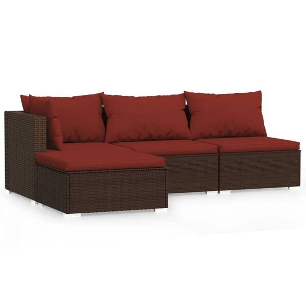 Benjara Faye Brown 4-Piece Wicker Rattan Outdoor Sectional Sofa Set with Red Cushion