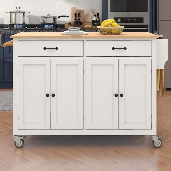 White Solid Wood Top 54.3 in. Kitchen Island with 4 Door Cabinet and 2 Drawers