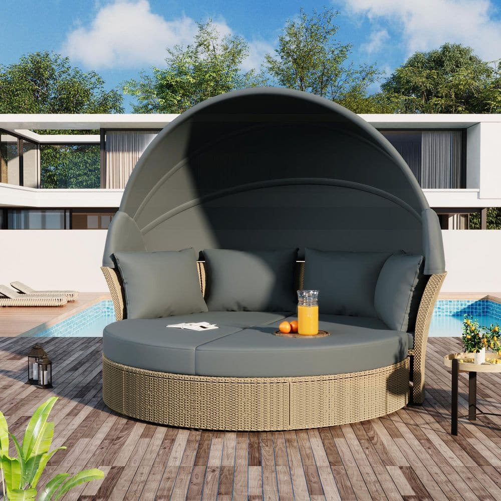 Wicker Patio Outdoor Double Day Bed Round Sofa Furniture Set with Gray Cushions and Retractable Canopy, 4-Pillows price history on PriceWatchPro