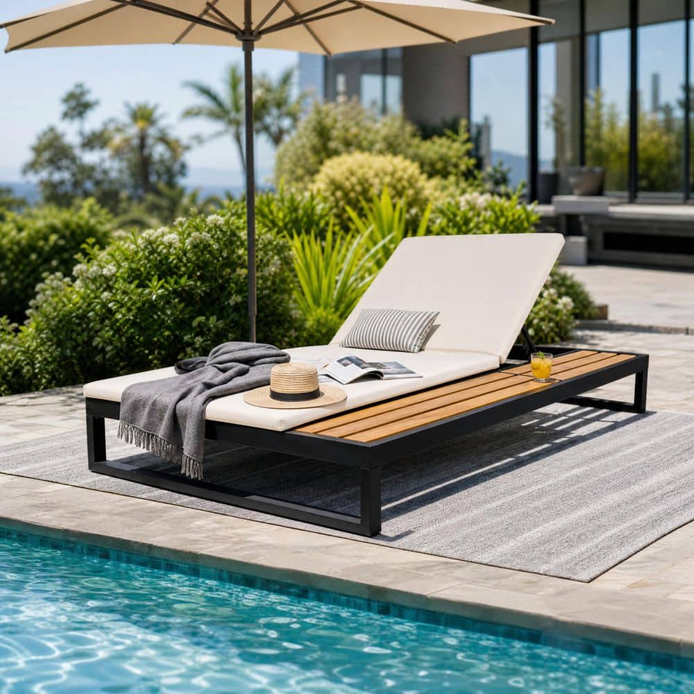 Aleva Black Iron + Teak Finish Outdoor Patio Chaise Lounge with 2-Fold Cream Cushion