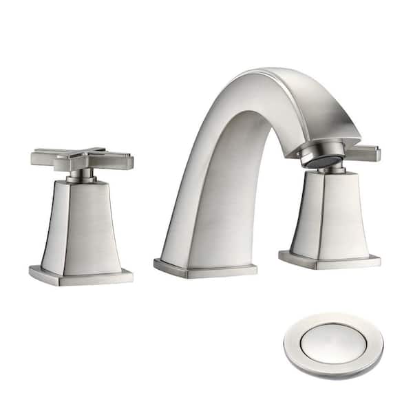 YASINU 8 in. Widespread Double Handles Deck Mount Mid Arc Spout Bathroom Faucet with Drain Kit Included in Brushed Nickel