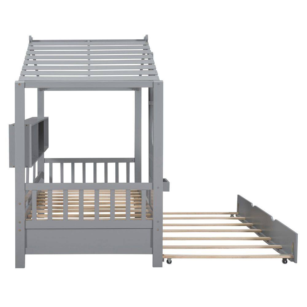 Gray Wood Frame Full Size Platform Bed with Trundle, Storage Shlef - thumbnail 7