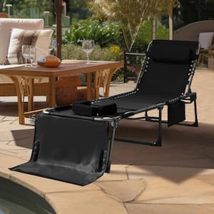 Black Metal Outdoor Chaise Lounge Chairs, Tanning Chair with Face Hole, Pillow and Side Pocket