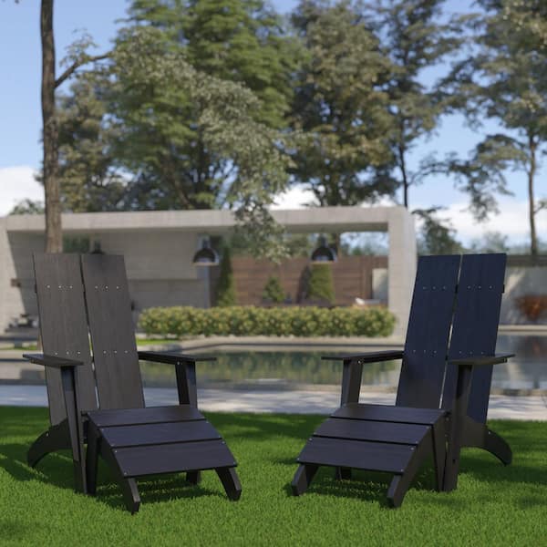 Black Faux Wood Resin Adirondack Chair with Foot Rest 2 Pack