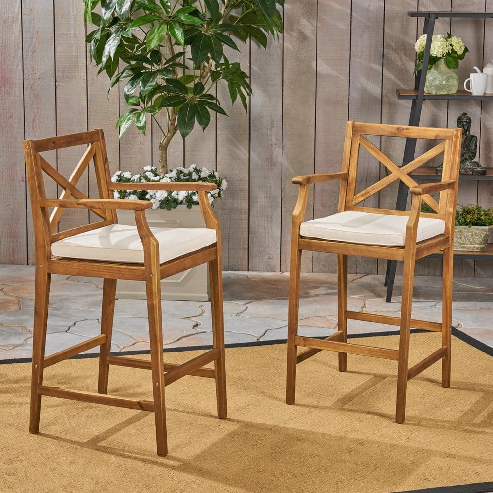Farmhouse Wood Outdoor Bar Stools with White Cushions Cross-Back Design and