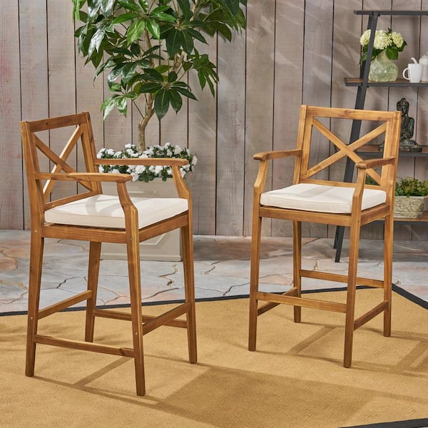 Unbranded Farmhouse Wood Outdoor Bar Stools with White Cushions Cross-Back Design and Water-Resistant (Set of 2)