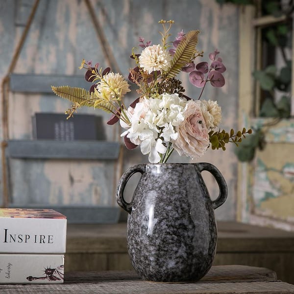 7 in. Tall Black Ceramic Round Vase with 2-Handles, Modern