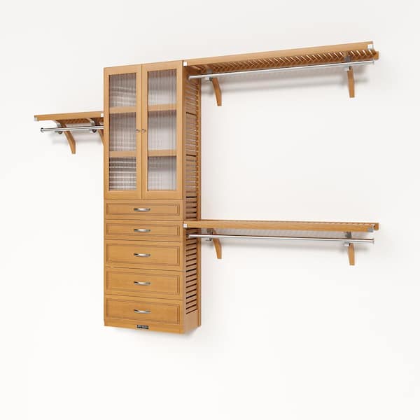 John Louis Home 72 in. W - 120 in. W Honey Maple Reach in with 5 Drawers and Glass Door 12 in. Shelf Wood Closet System