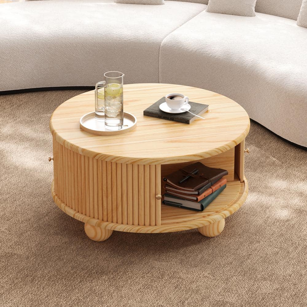 Nestfair 31.8 in. W Natural Round Wood Coffee Table with Storage